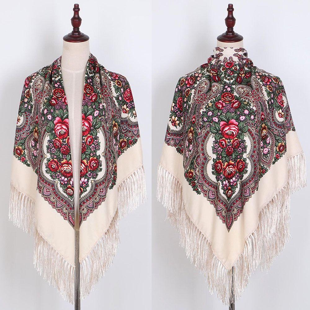 Cotton Twill Square Scarf 130x130 cm Ethnic Style Scarf Vintage Fringed Shawl Travel
