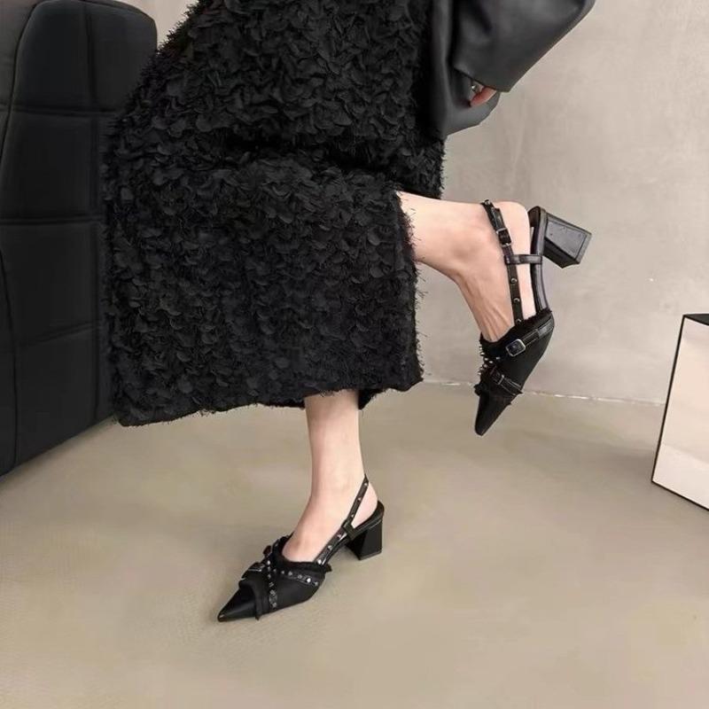 New Style Sexy Fashionable T-Strap Ladies Heels Shoes Female Slides Pointed Toe Mules Rivet Women Thin High Heels Shoes Footwear