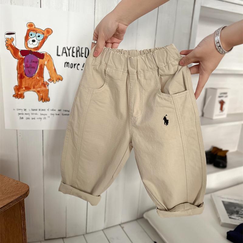 

Children s Casual Pants Korean Boys and Girls Solid Color Pants Baby Embroidery Elastic Pants 140 бежевий