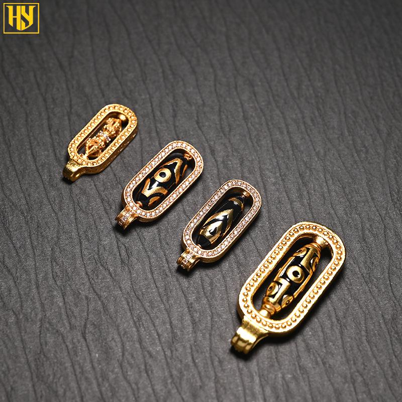 24k Gold-Plated Tibetan Nine-Eyed Dzi Bead Pendant Necklace with Zircon Inlay