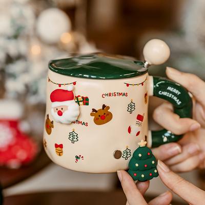 Large Capacity Christmas Mug with Lid Spoon, Cute Couple Ceramic Drinking Cup for Girls, Birthday Gift Cup for Men