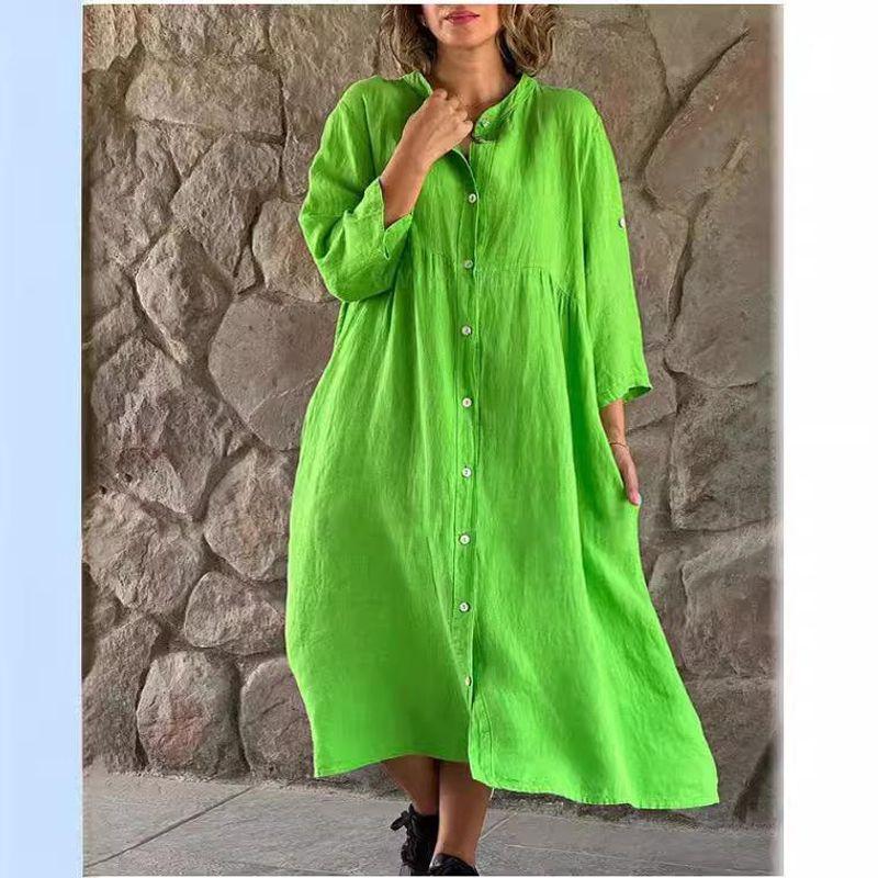 Women clothes New Solid Casual Stand Collar Button Length Dress Button Length Dress