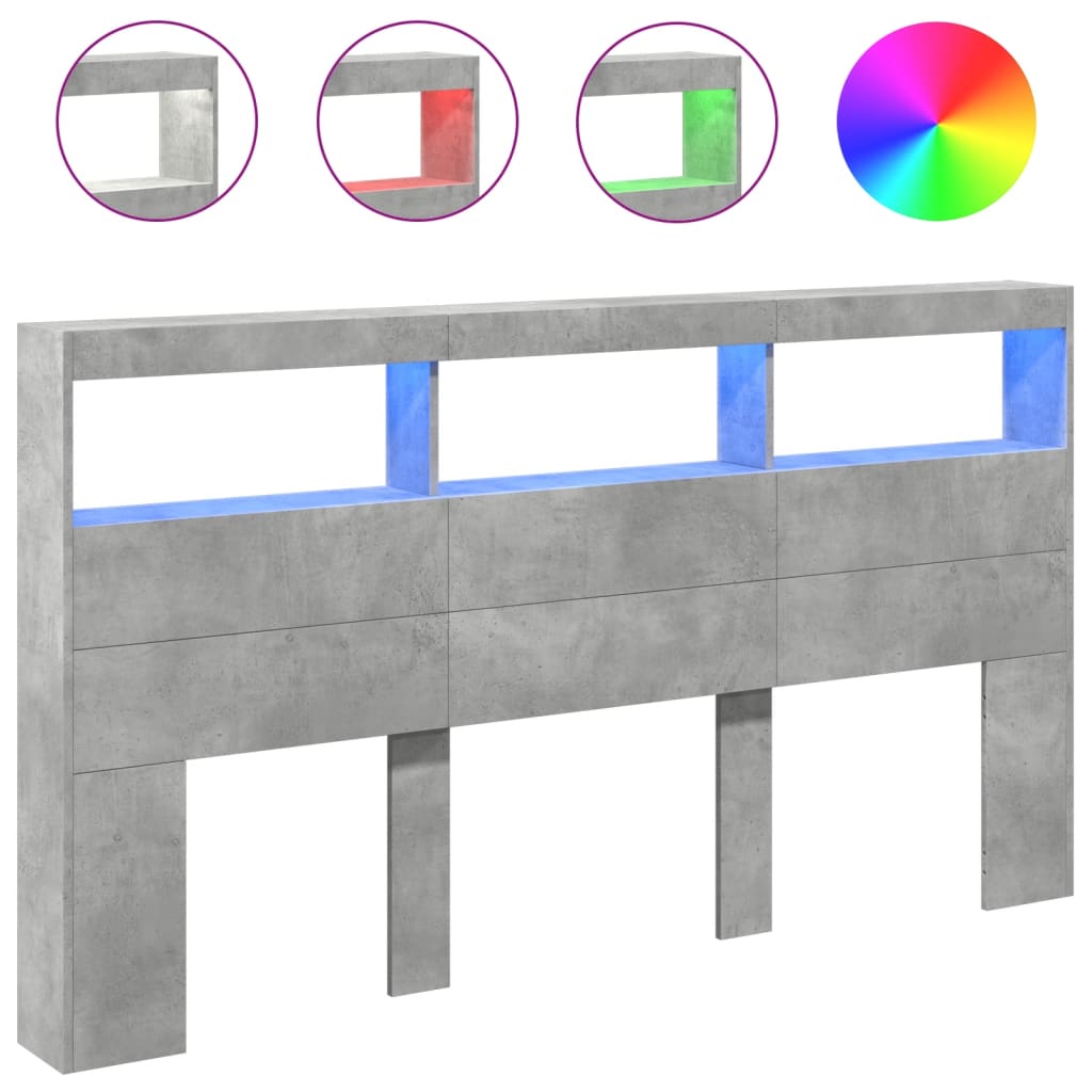 LED Headboard with Shelf Concrete Grey 180 x 17 x 102 cm