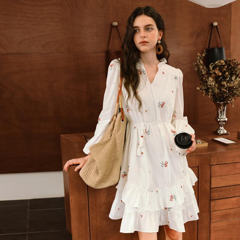 Olrain Women's Autumn Embroidered White French Style Vacation Dress with Tassel Tie Long Skirt