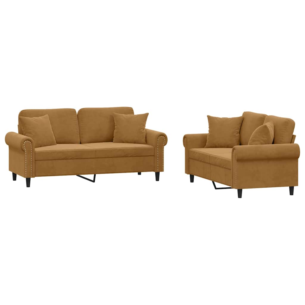 2 Piece Sofa Set with Cushions Brown Velvet
