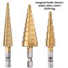 3PC Step Drill Bit Set - Metric & Imperial Sizes, Hex Shank Cone Cutter for Thin Metal & Plastic, 3 Sizes Titanium Coated