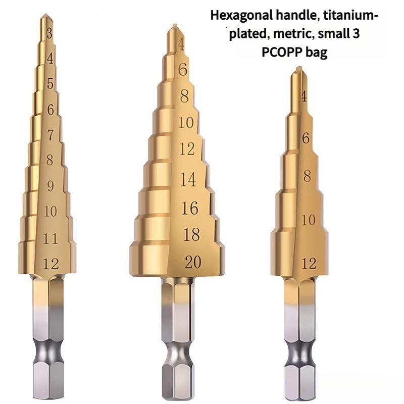 3PC Step Drill Bit Set - Metric & Imperial Sizes, Hex Shank Cone Cutter for Thin Metal & Plastic, 3 Sizes Titanium Coated