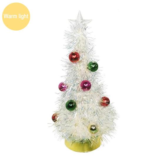 Metallic Tinsel Christmas Tree Light-up Foil Fringe Christmas Tree with Ball Ornaments for Holiday Home Office Tabletop Decoration