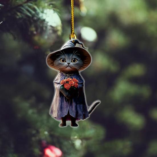 Halloween Cat Ornament Cute Cat with Witch Hat Pumpkin/Skull Hanging Decoration 2D Flat Acrylic Car Rearview Mirror Charm Christmas Tree Decoration