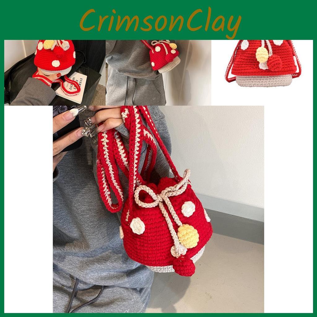 Mushroom Delightful Pattern Knitted Drawstring Bag For Children Unisex And Design Playful