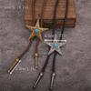 Classical Braided Leather Cord Bolo Tie with Metal Star Turquoises Pendant Western Vintage Necktie Shirt Collar Necklace