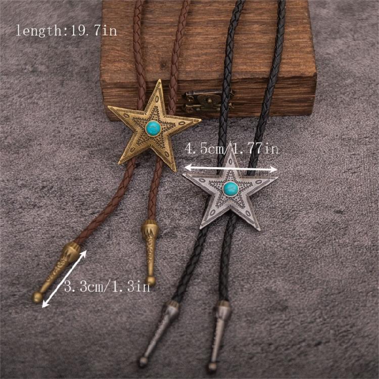 Classical Braided Leather Cord Bolo Tie with Metal Star Turquoises Pendant Western Vintage Necktie Shirt Collar Necklace