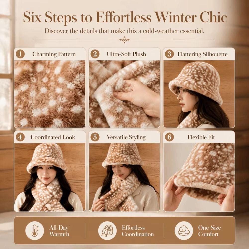 Thick Warm Deer Patterned Faux Fur Hat Faux Mink Fur Plush Neck Warmer Cold Weather