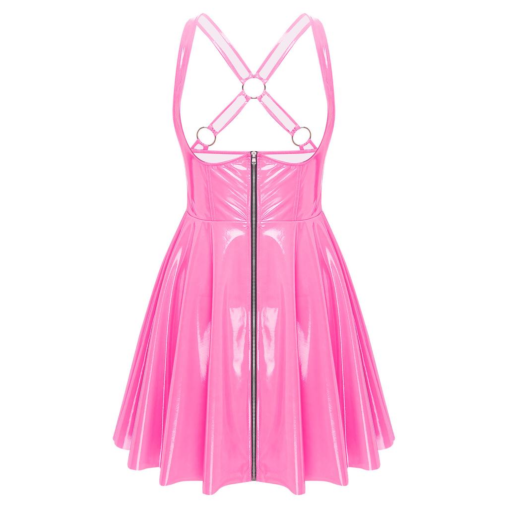 Mouwloze gothic punkjurk voor dames met lage halslijn, ritssluiting aan de voorkant, gekruiste A-lijn en glanzende wet-look, geschikt voor in de club.