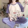 Short-sleeved long pants pajamas women's summer cartoon cute can be worn outside plaid loungewear imitation cotton suit summer thin