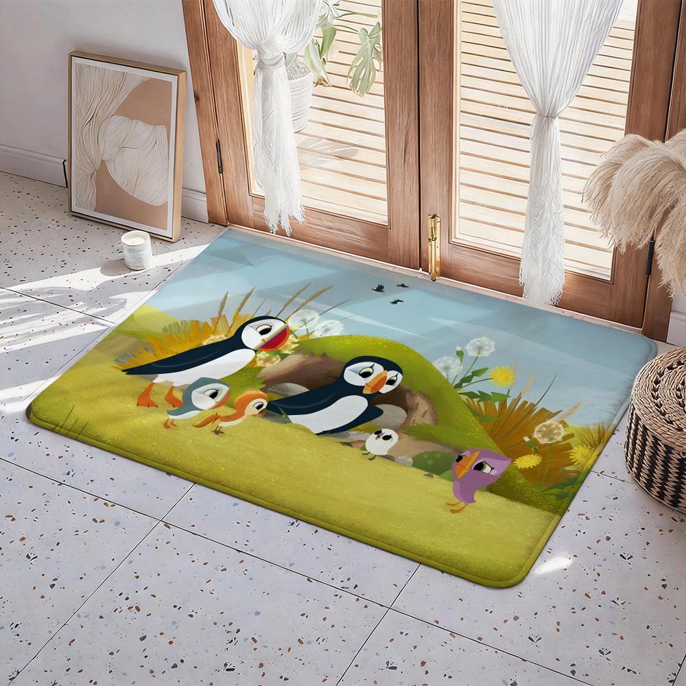 Cartoon C Puffin Rock Floor Mat Eco Flannel Doormat Non Slip Odorless Indoor Floor Rug Soft Short Plush Home Mat