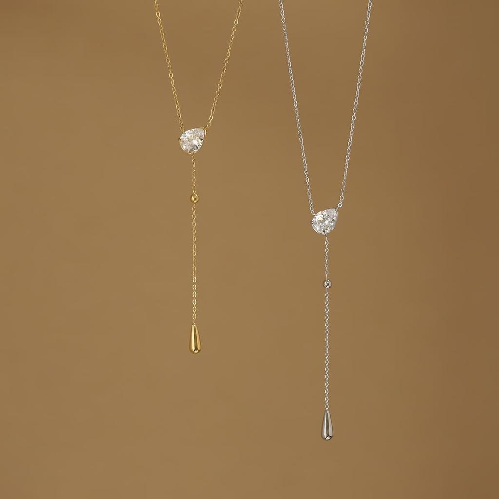 Fashion Elegant Ladies Jewelry Water Proof Y Shaped 18K Gold Plated Stainless Steel Zircon Teardrop Pendant Necklaces for Women
