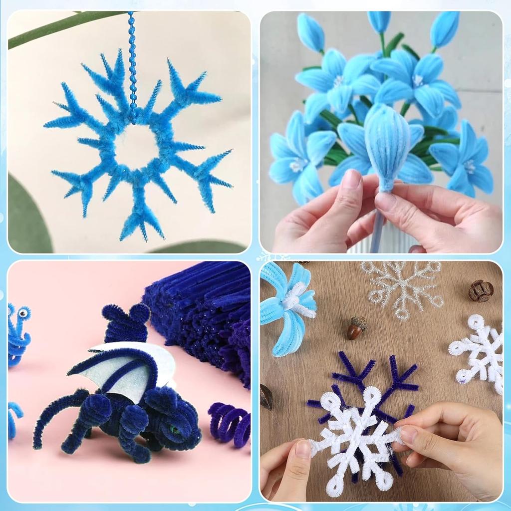1000PCS Pipe Cleaners Craft Set 6 Assorted Colors Blue White Glitter Silver Chenille Stems, Craft Supplies Bulk for DIY Art
