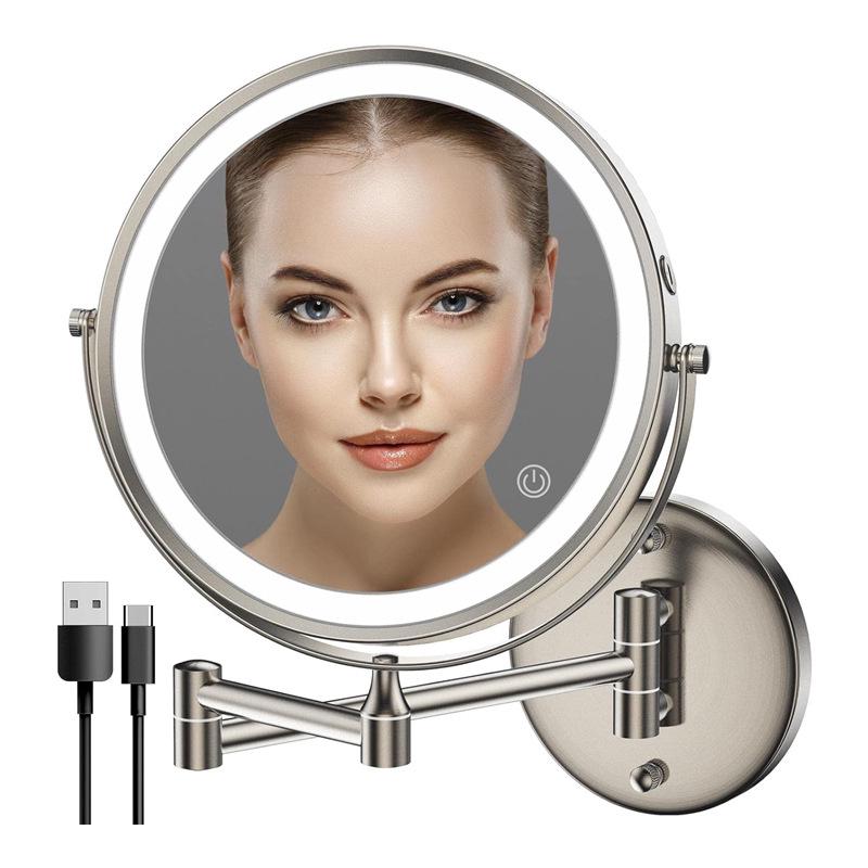 8" Wall-Mounted Folding LED Vanity Mirror - Double-Sided, Lighted, Magnifying for Bathroom Makeup