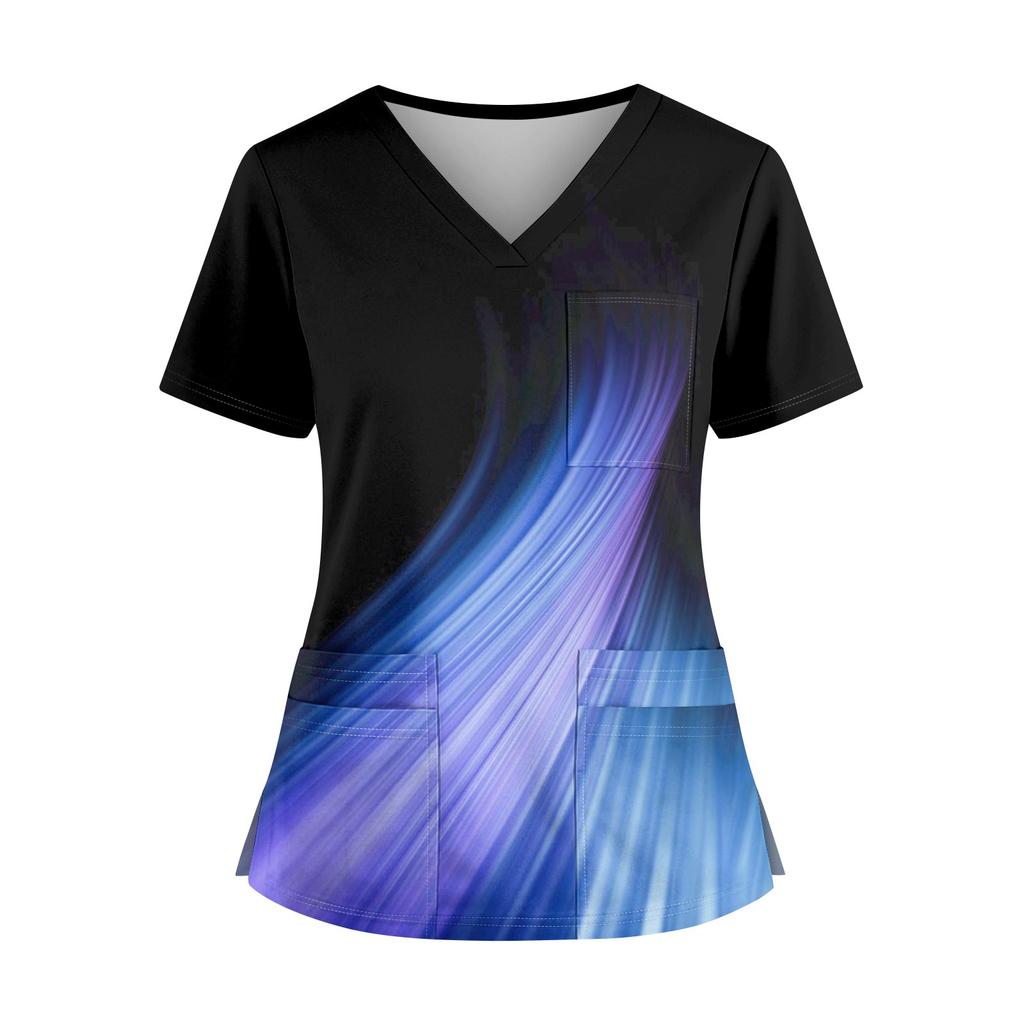 Plus SizePrinted Scrub Working Uniform Tops For Women's Cross V-Neck Halloween Print Short Sleeve Fun T-Shirts Workwear Tee With Pockets