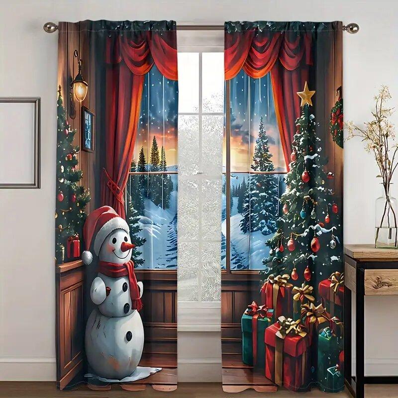 

Christmas Tree Forest Snowman Pattern Printed Curtains Window Decorations Home Room Curtain Set Of 2 Made Polyester Washable W100*H70(CM)-Rod Pocket&1PCS