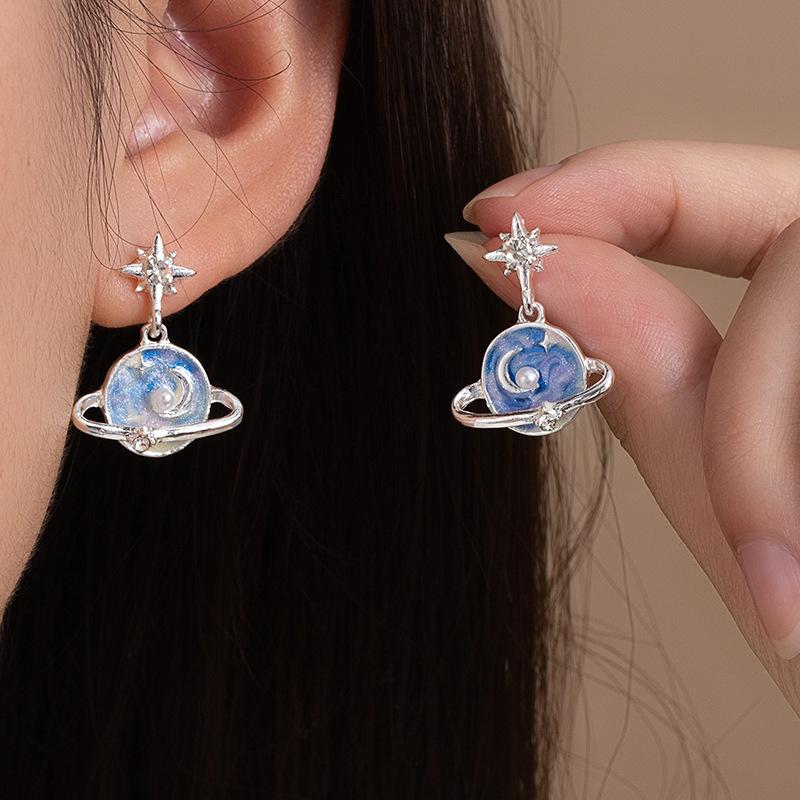 Simple Starry Sky Pendant Earrings Blue Planet Double Star Moon Earrings Silver Earrings Imitation Silver Needle Ear Jewelry