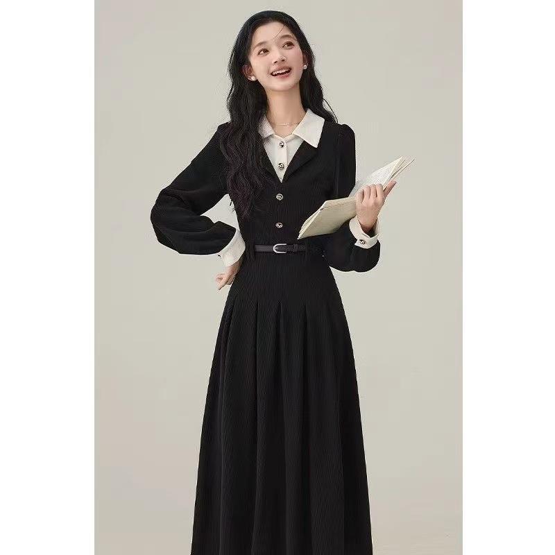New Xiaoxiangfeng Black Fake Two-piece Dress, Children's Autumn and Winter Teaching Interview Commuting Temperament Long Dress