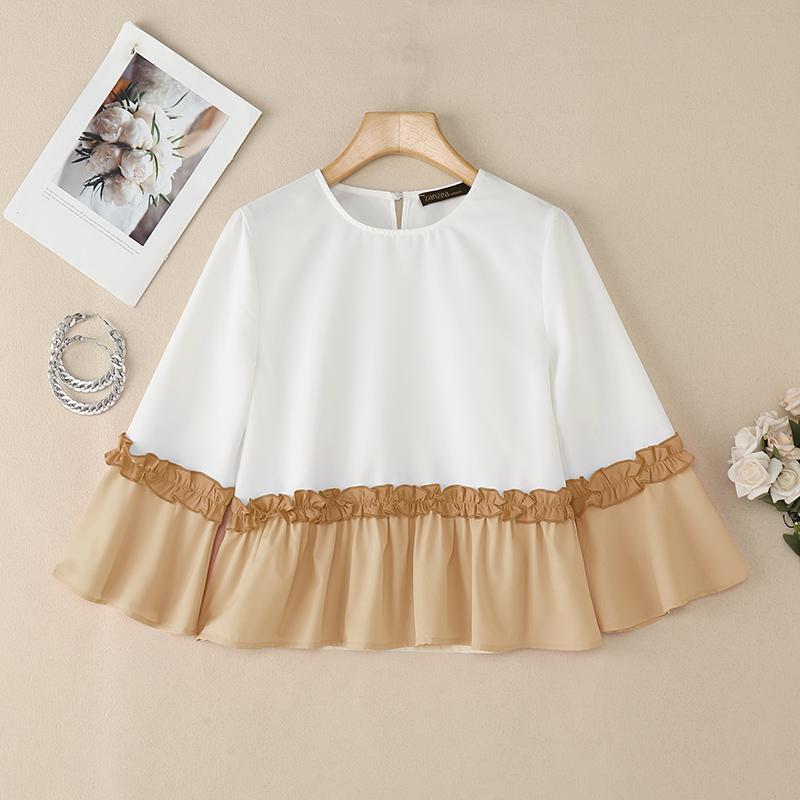 

ZANZEA Women Round Neck Splice 3/4 Sleeve Casual Blouse 2XL хаки