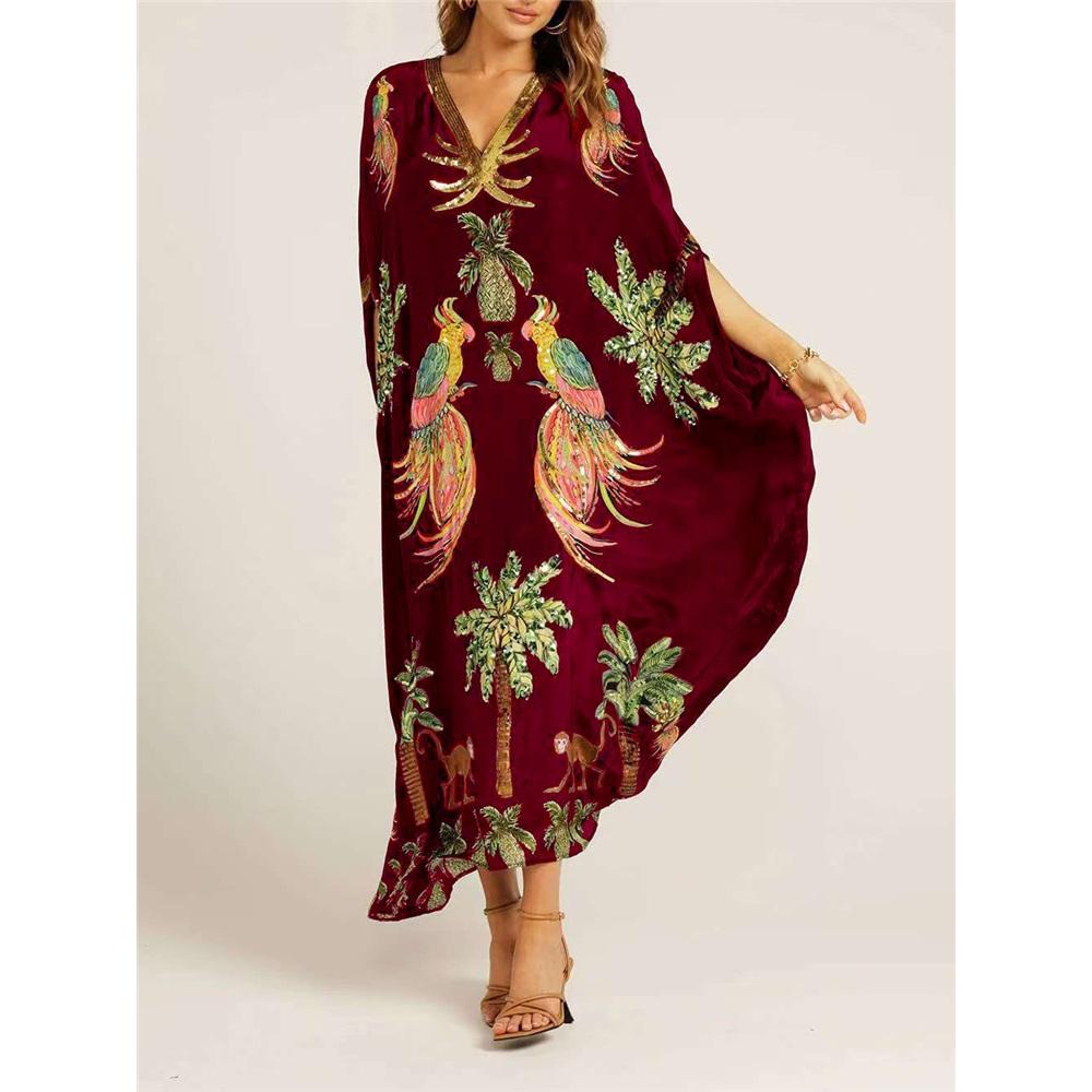 Women's Bat Sleeve V-neck Print Loose Long Classic Retro Dress Clothes Sale