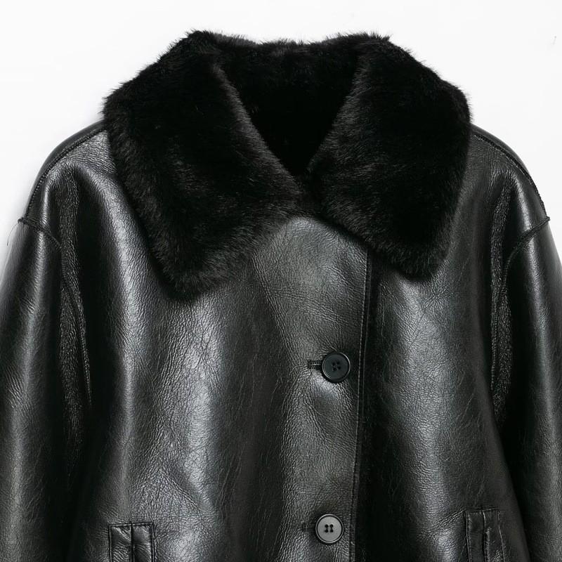 PBZA Womens Faux Leather Jacket Double-sided Fur-lined Coat Winter