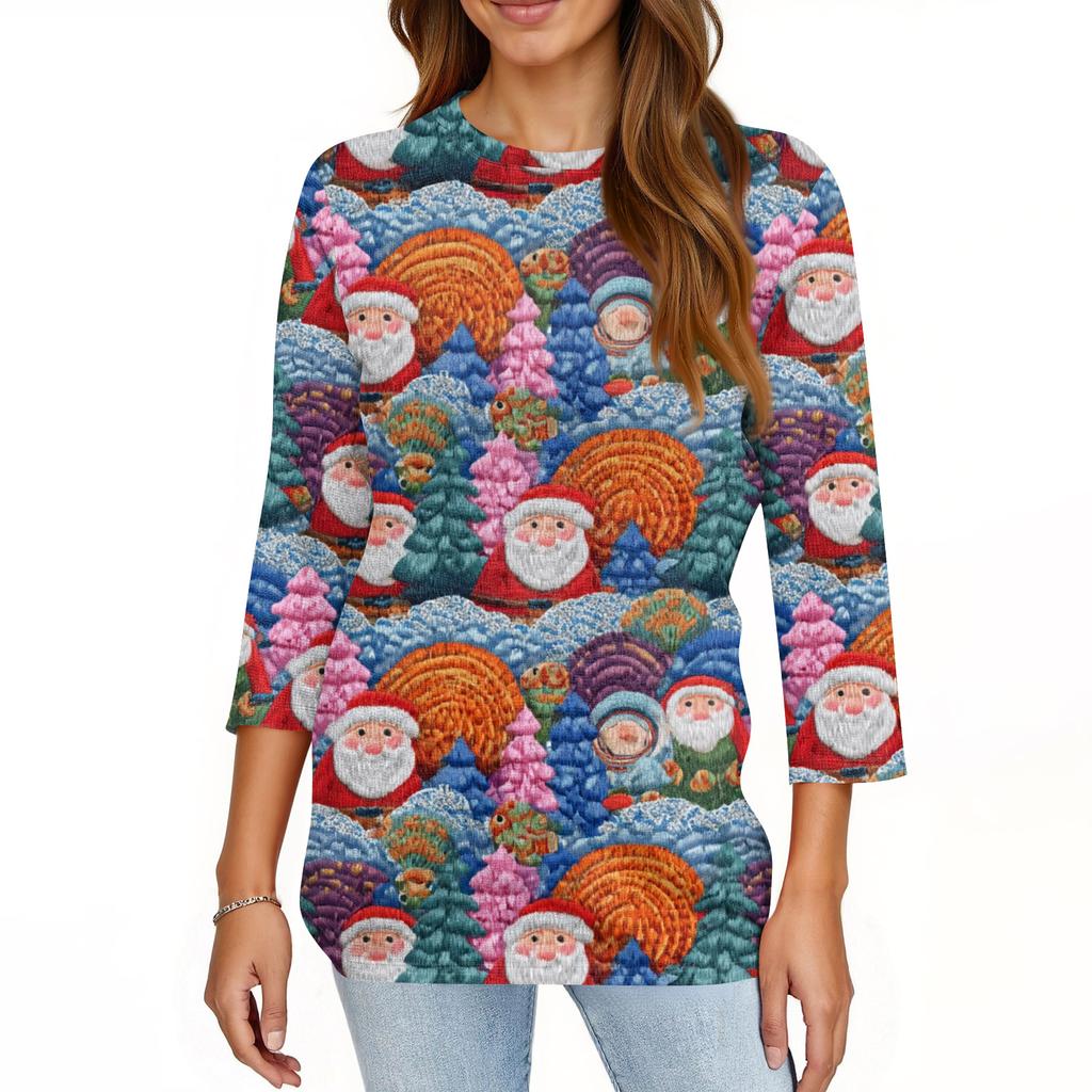 Women's Fashionable Casual Three Quarter Sleeve Christmas Printed Round Neck Top