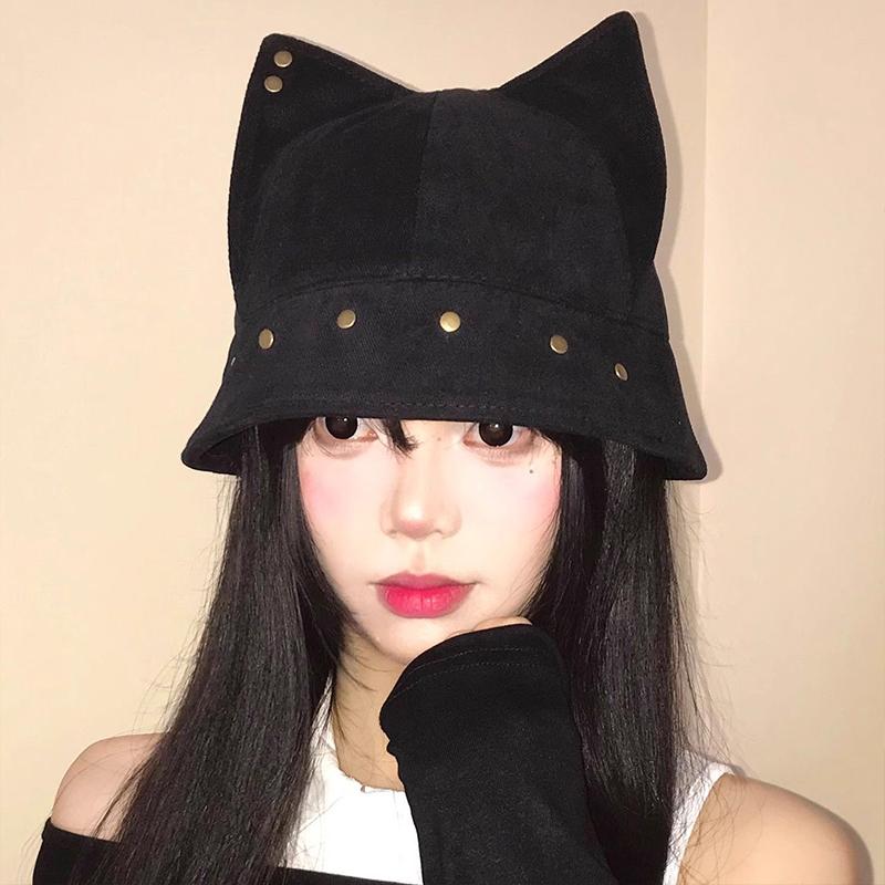New Outdoor Cute Cat Ear Rivet Fisherman Hat Fashion Vintage Women Sunshade Bucket Hats Ruffian Handsome Versatile Panama Cap