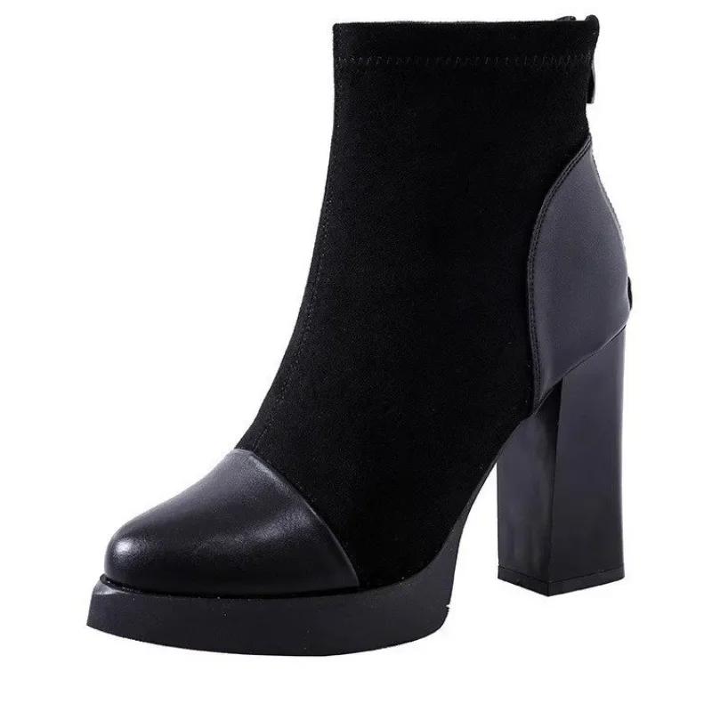 Fashion 2024 High Quality Shoes Female Slingbacks Women's Boots Autumn Pointed Toe Solid High Tube Block Heels Zipper Fashion Boots