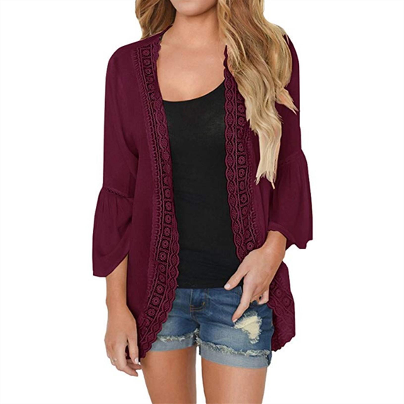 

Женский повседневный однотонный кружевной шифоновый кардиган с длинным рукавом, свободная блузка-кимоно, топы M красный