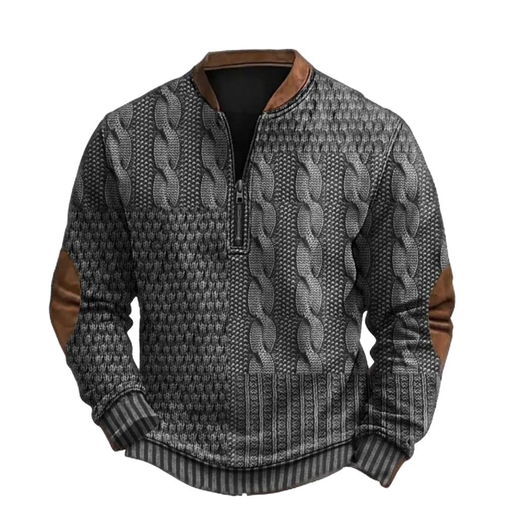 Men's Casual, Trendy, Retro American- Printed Round-neck Long-sleeved Half-pull Hoodie