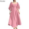 Women Elegant Square Collar Puff 3/4 Sleeve A-line Long Dress