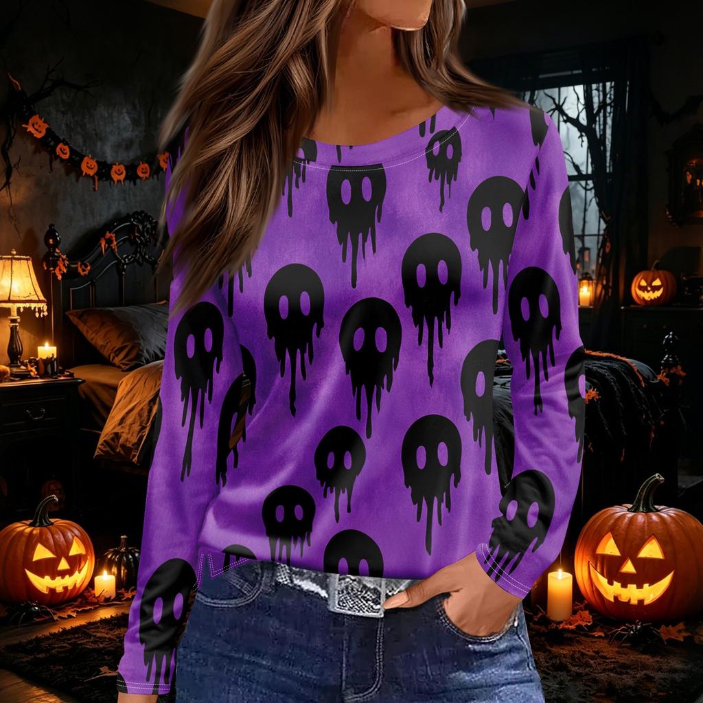 Women's Halloween Print Long Sleeve Round Neck Top with Hem Slit