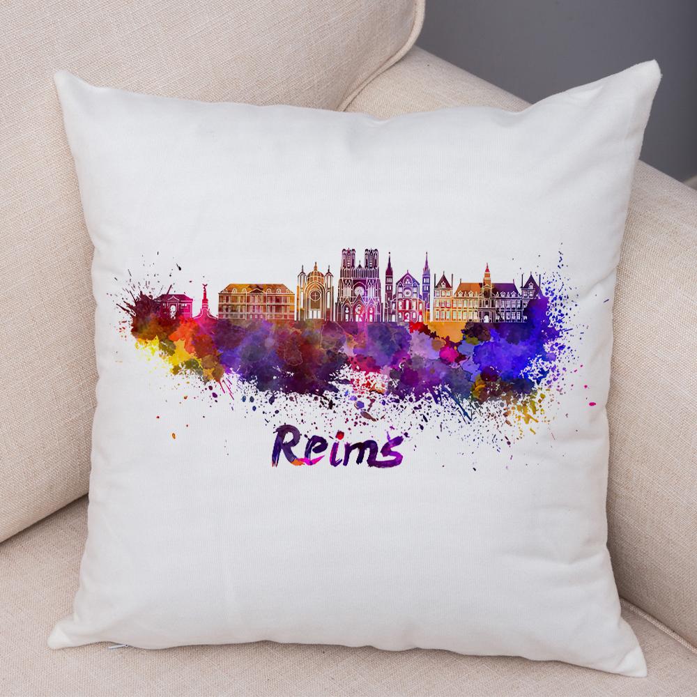 Watercolor City Skyline Cushion Cover Global Landmarks Art Print Soft Linen Living Room Bedroom Home Decor Pillow Case