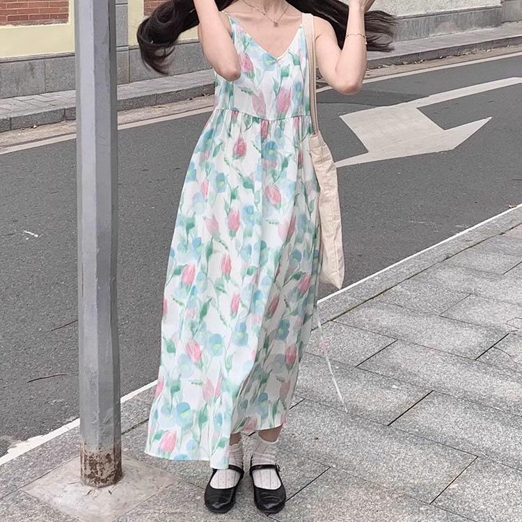 Süßes Sommer Tulpen V-Ausschnitt Träger Strandkleid