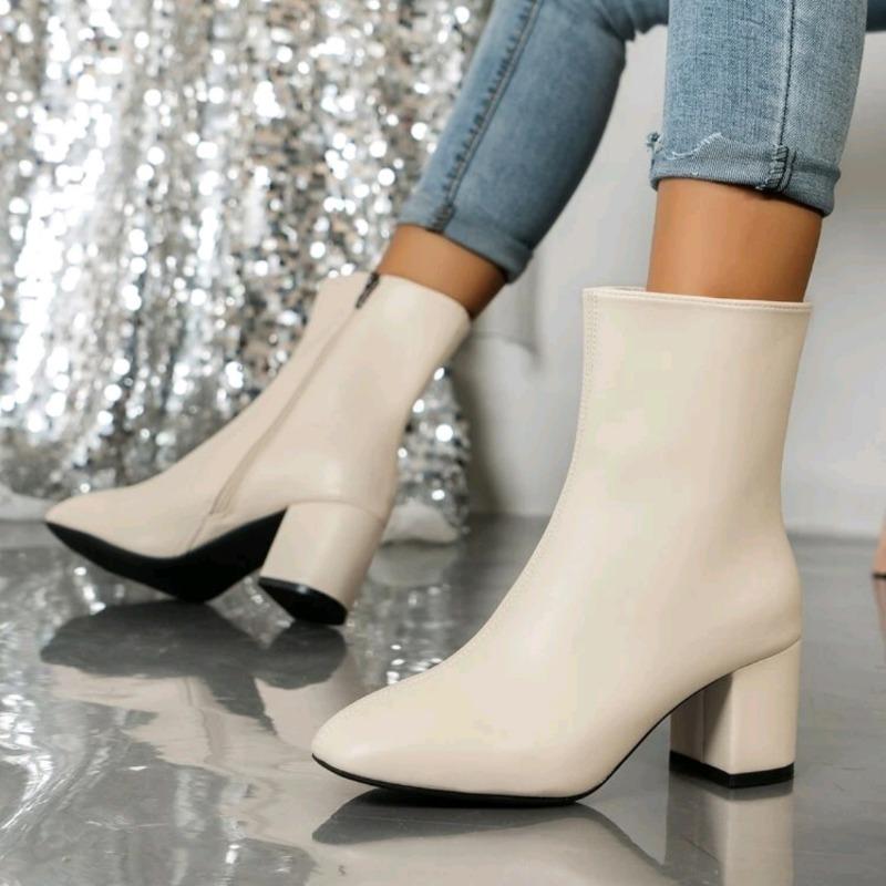 Short boots women's autumn new high heel thick heel small square head side zipper leather boots boos medium tube