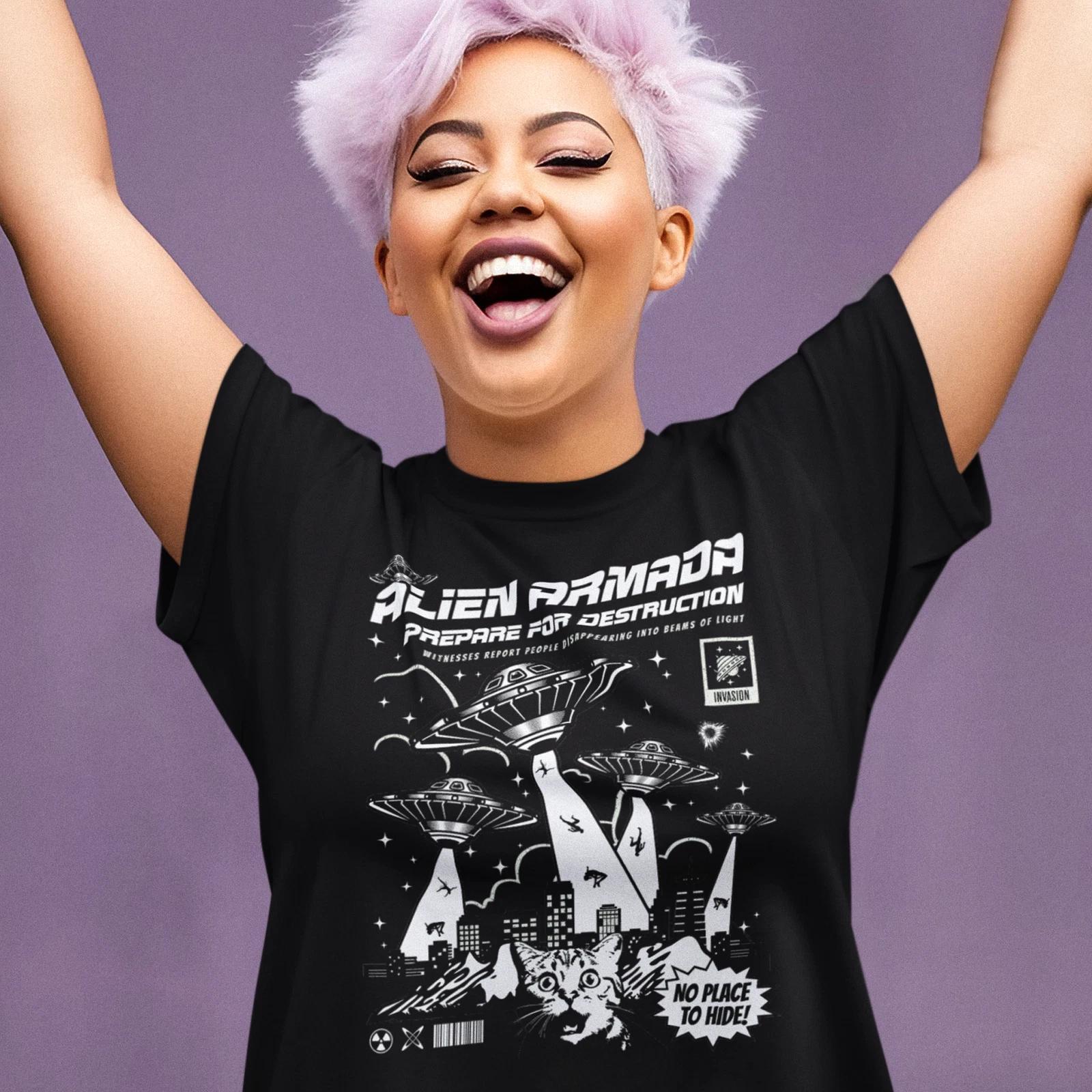 Alien Armada Invasion Graphic T-Shirt, Space and UFO Lovers Gift XL