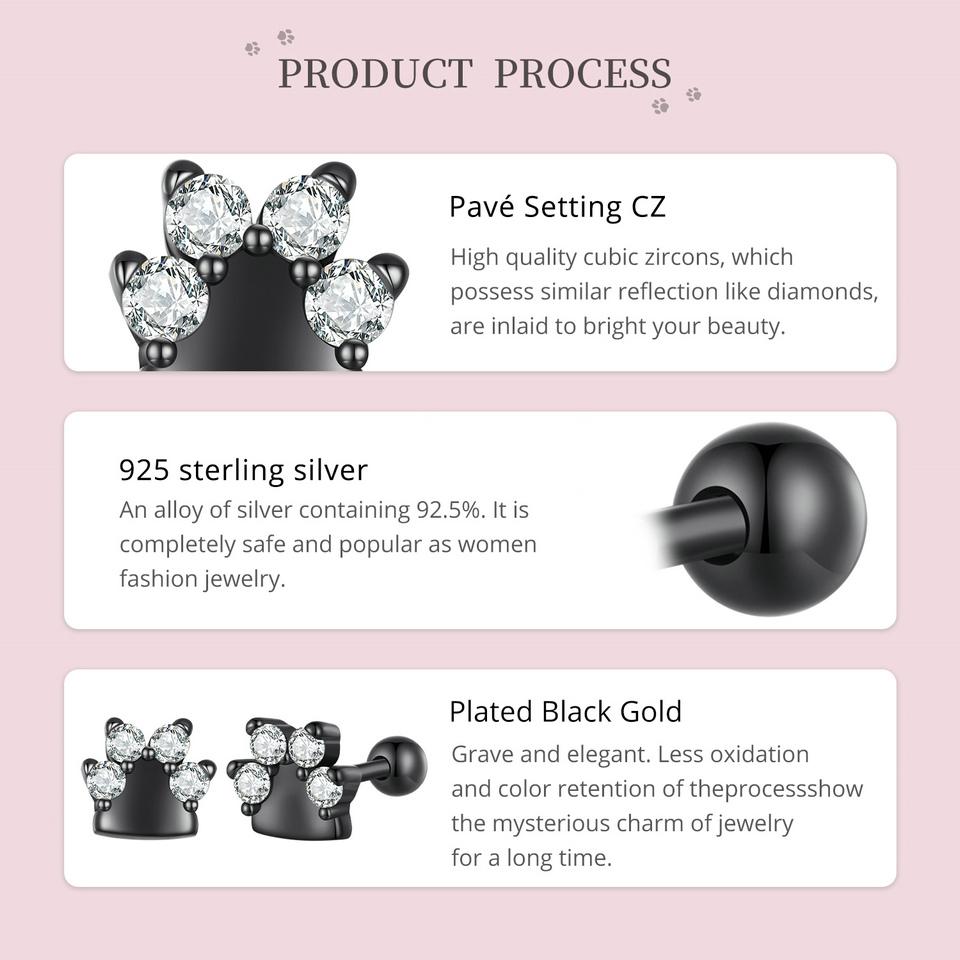 WOSTU 925 Sterling Silver Pink Zircon Pet Dog Paw Stud Earrings For Women Lovely Heart Zircon Ear Studs Birthday Jewelry Gift