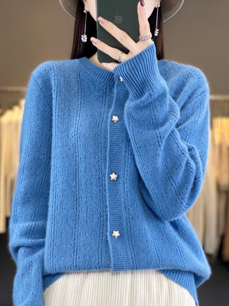Women's Round Neck Wool Cardigan: Loose Fit, Solid Color, Hollow Long Sleeve - Suitable for Spring, Autumn, and Winter.