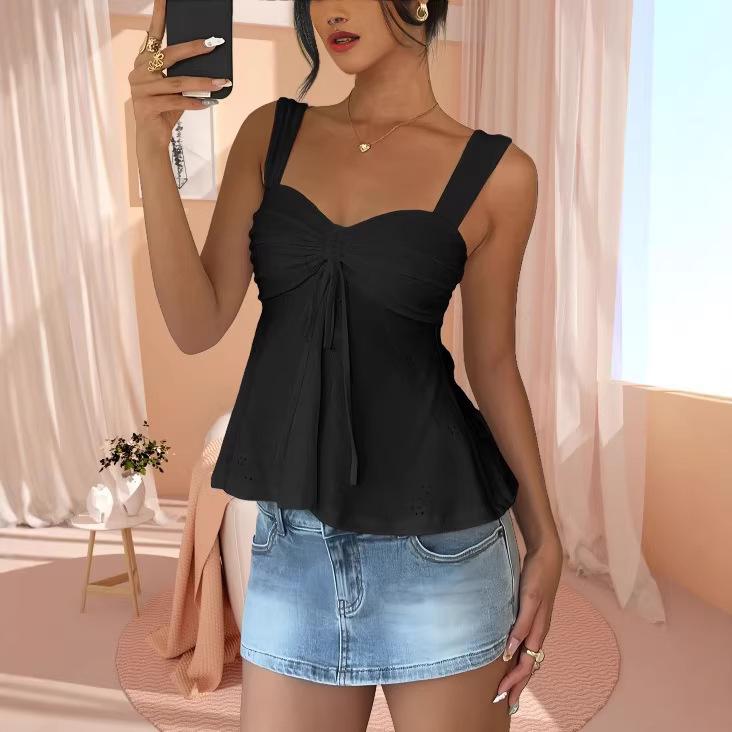 Women's Eyelet Knotted Bust Wide Strap Peplum Cami Top Sexy Solid Color Sleeveless Tank Top