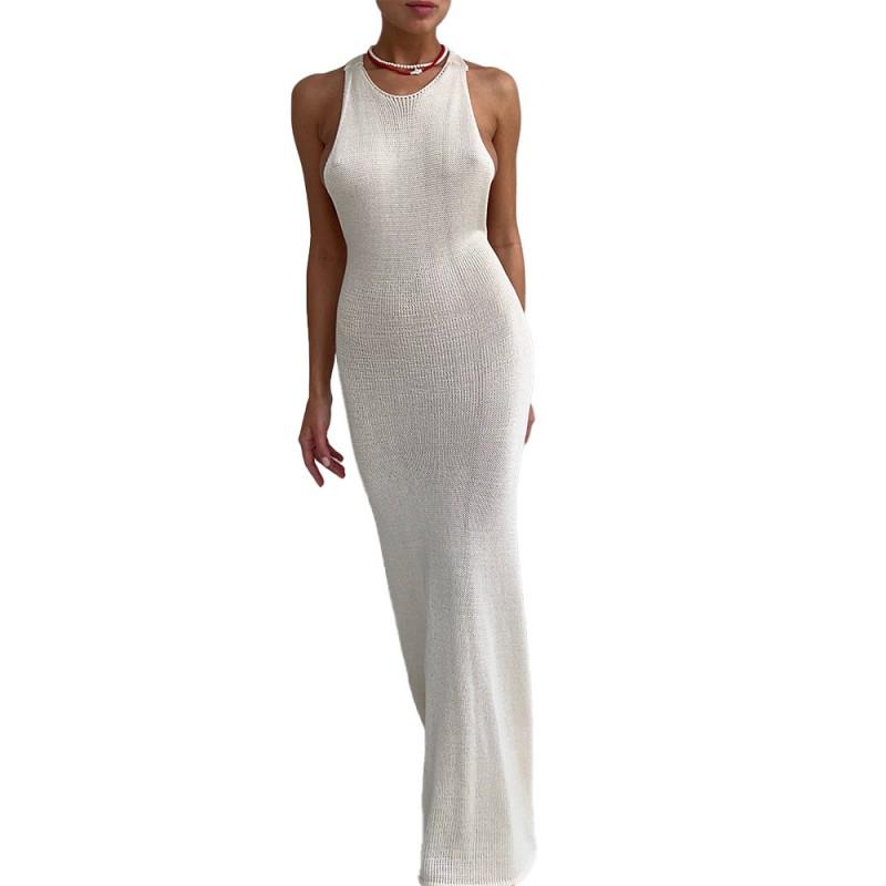 Womens Sleeveless Knit High-Waist Bodycon Midi Dress With T-Back Detail 2026 Casual Fit