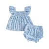 2Pcs Infant Girls Summer Outfits Flying Sleeve Square Neck Floral Print Vest Tops and Elastic Waist Bloomer Shorts