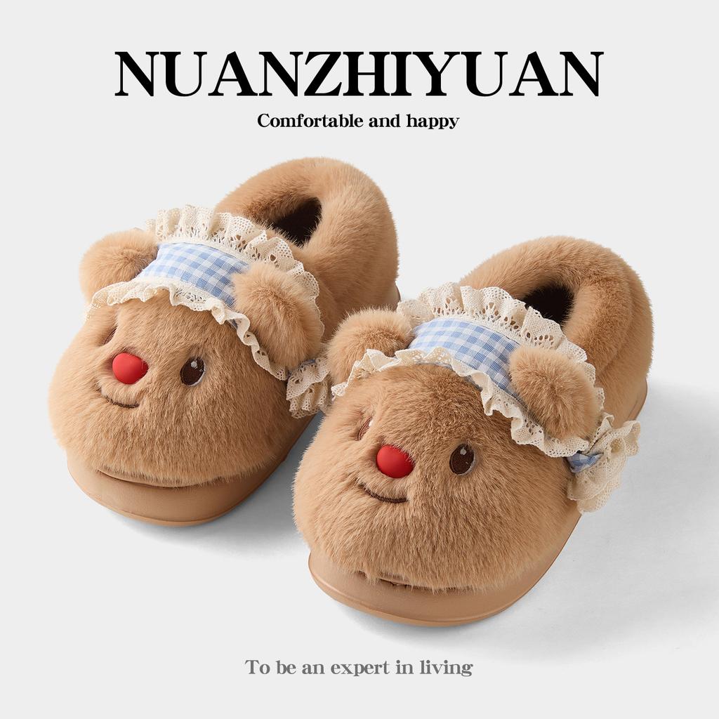 Outer wear bag and cotton slippers female cute bear home indoor velvet thickened soft thick bottom cotton slippers female