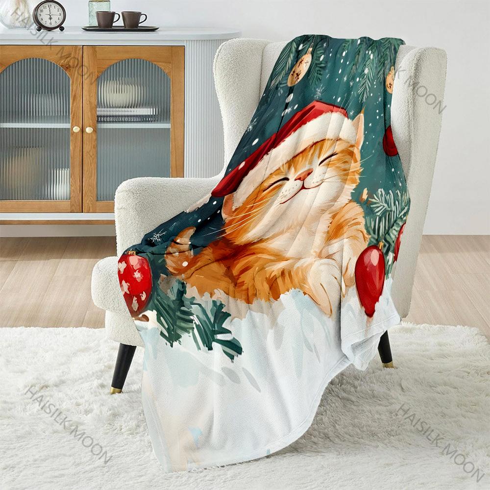 Multi-size Festive Cat In Snow Pattern Blanket Flannel Material Soft Warm for All Seasons Home Outdoor Camping Picnics RV Gifts
