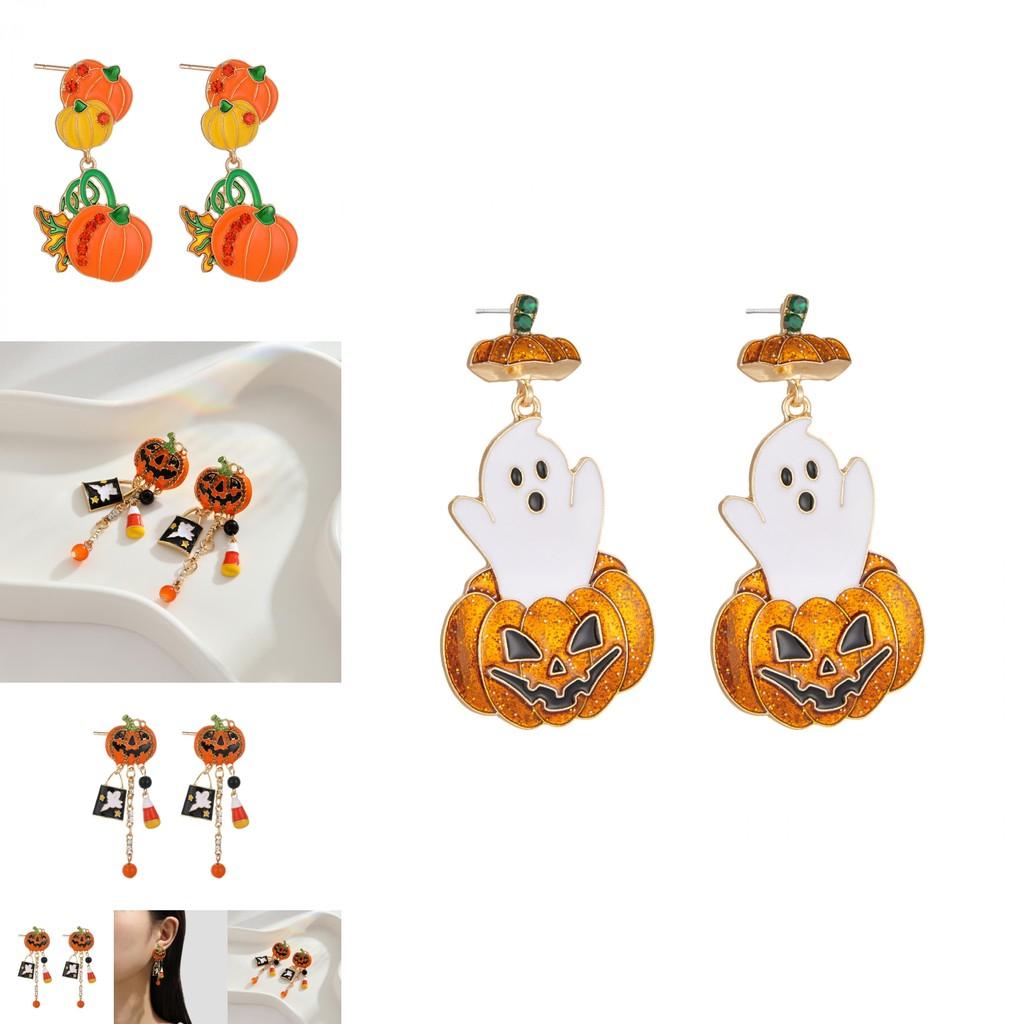 Creative Stylish Halloween Pumpkin Skull Tassel Earrings With Sparkling Zircon Stones For Women