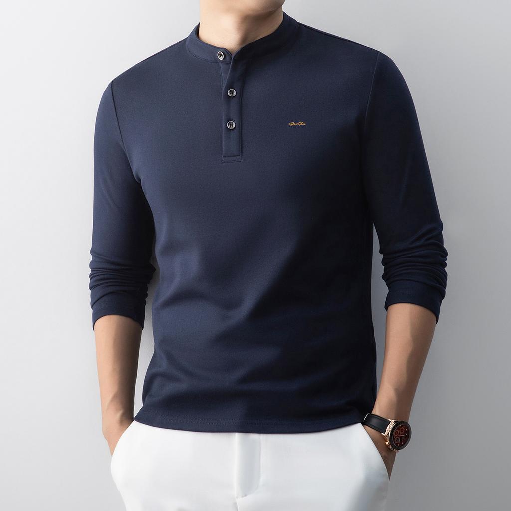 Autumn Business and Leisure Style Button-Up Chinese Style Round Neck Base Shirt for Men